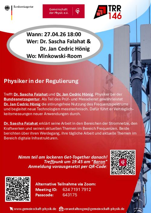 Poster für den Berufsvortrag: Physiker in der Regulierung. QR-Codes zu einem lockeren Get-Together und einer Alternativen Teilnahme via Zoom.